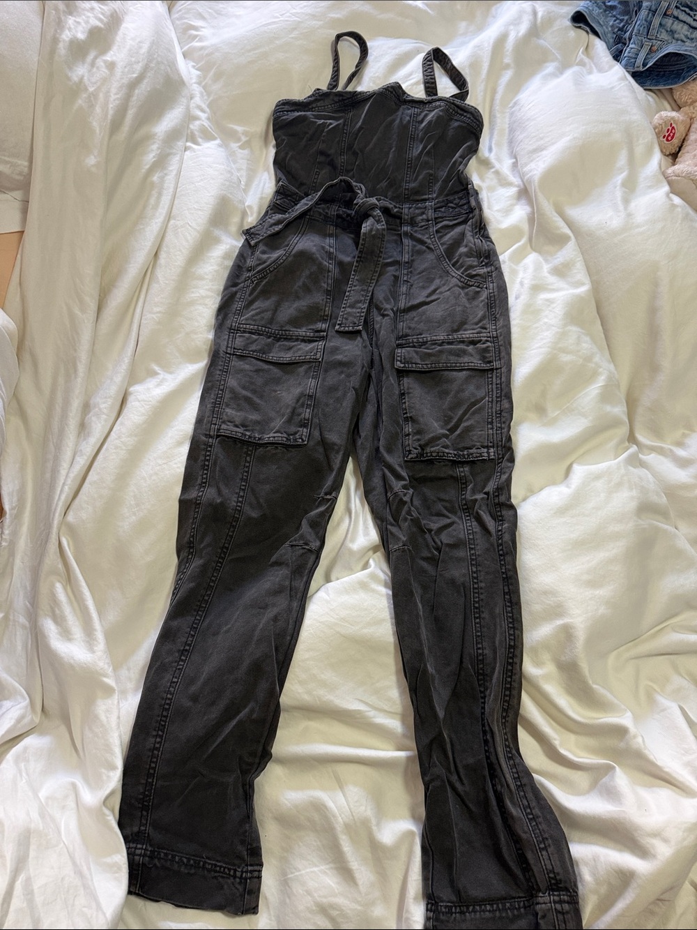 Free People Black Cargo Strap Denim Jumpsuit